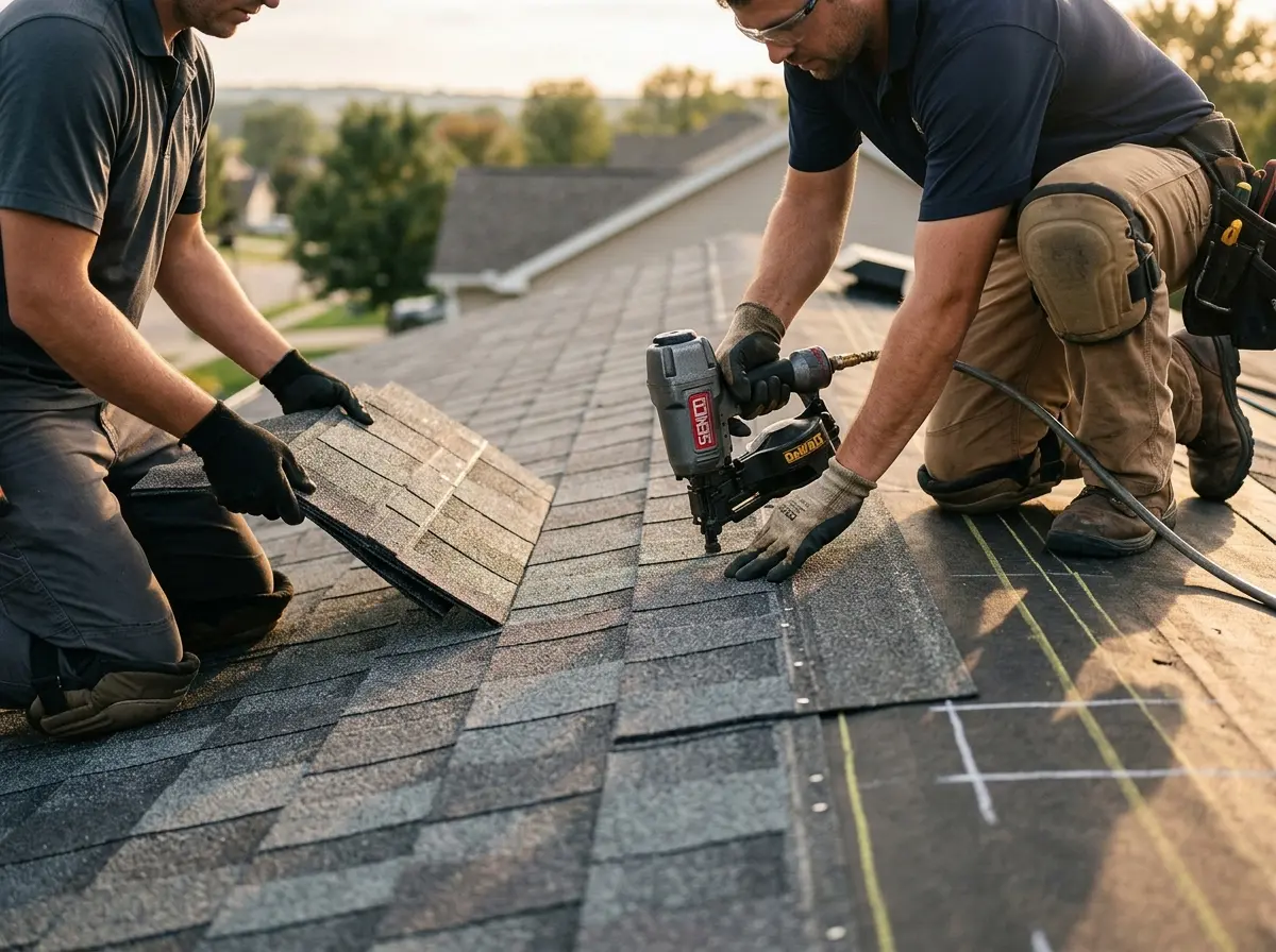Professional roofer working on a residential roof in Missouri City